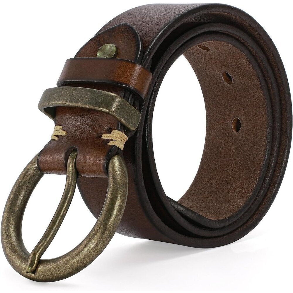 Women's Leather Belt 1.5 Inch Brass Buckle Vintage Western Fashion Accessory